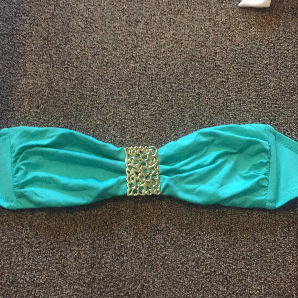 Teal bandeau bikini top with gold piece
